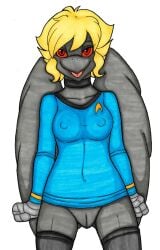 4_fingers after_transformation anthro avian beak bedroom_eyes big_breasts bird blonde_hair blue_clothing blue_shirt blue_topwear bottomless breasts choker clothed clothing corvid corvus_(genus) cosplay erect_nipples_under_clothes eyelashes feathered_wings feathers female fingers front_view genitals grey_body grey_feathers hair ivanks jewelry leggings legwear looking_at_viewer mostly_clothed narrowed_eyes navel necklace open_mouth orange_sclera oscine passerine pupils pussy raven red_eyes red_sclera seductive shirt short_hair simple_background slit_pupils smile solo species_transformation spread_legs spreading standing star_trek starfleet_uniform talon_hands tongue topwear traditional_media_(artwork) transformation white_background wings