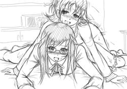 2girls aida_mana bed blush clothed_sex clothing couple doggy_style dokidoki!_precure futa_on_female futanari glasses happy_sex hishikawa_rikka intersex long_hair monochrome multiple_girls precure pretty_cure saliva sex short_hair sketch tondabayashi