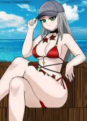 1girls beach bikini cap chigusa_(fortnite) choker crossed_legs daikiri_di_mon fortnite fortnite:_battle_royale green_eyes grey_hair looking_at_viewer patreon_username rose_tattoo sitting tattoo