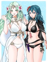 2girls alternate_costume bikini black_bikini black_swimsuit blue_eyes breasts byleth_(female)_(fire_emblem) byleth_(female)_(summer)_(fire_emblem) byleth_(fire_emblem) byleth_(fire_emblem)_(female) female female_only fire_emblem fire_emblem:_three_houses fire_emblem_heroes nintendo official_alternate_costume open_mouth rhea_(fire_emblem) rhea_(summer)_(fire_emblem) swimsuit white_bikini white_swimsuit zel_0921