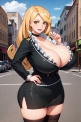 1girls ai_generated bare_legs blonde_hair breasts_bigger_than_head curvaceous curvy_female female female_only gigantic_breasts huge_breasts human human_only katsute_kami_datta_kemonotachi_e light-skinned_female light_skin liza_renecastle long_hair looking_at_viewer mature_female milf milkersenjoyer short_dress smiling thick_thighs thighs voluptuous voluptuous_female yellow_eyes