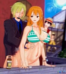 areola_slip artist_request big_breasts breasts cum_inside female koikatsu male monkey_d_luffy nami one_piece post-timeskip sex sex_with_bra_on sex_with_clothes sweat vinsmoke_sanji