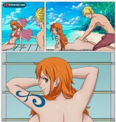 applying_sunscreen beach big_ass big_breasts boner erection female lyumus male nami one_piece post-timeskip squeezing_butt vinsmoke_sanji