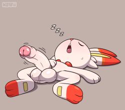 anthro balls big_balls big_penis bodily_fluids erection feet foreskin fur generation_8_pokemon genitals hi_res kaffii lagomorph lying male male_only mammal nintendo on_back open_mouth penis perineum pokemon pokemon_(species) scorbunny simple_background sleeping small_but_hung solo sound_effects sweat sweaty_balls sweaty_genitalia vowelless vowelless_sound_effect white_body white_fur zzz