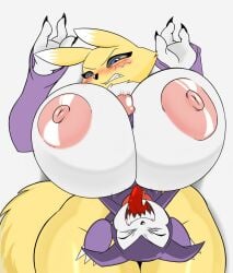 anthro areola bandai_namco blush breast_play breasts digimon digimon_(species) duo female fur genitals hi_res impmon larger_female male male/female nipples paizuri penis pupils renamon seii3 seiiart seiiartworks sex size_difference smaller_male titfuck titjob tongue tongue_out yellow_body