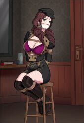 1girls arms_behind_back bare_thighs bondage boots bottle bound bound_arms bound_legs bound_to_chair bound_wrists bra breasts brown_hair brush captured chair cleavage door dorothea_arnault earrings female female_only femsub fire_emblem fire_emblem:_three_houses frown gag garreg_mach_monastery_uniform green_eyes hair_over_shoulder hat indoors jacket just_some_guy large_breasts long_hair long_sleeves looking_at_viewer looking_to_the_side mirror nintendo on_chair open_clothes open_jacket purple_bra restrained rope rope_bondage sitting skirt solo thigh_boots thighs underwear