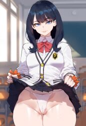 ai_generated black_hair blue_eyes creamy_ai curvy gridman_universe medium_breasts pussy skirt_lift ssss.gridman takarada_rikka thiccwithaq_(ai_style) thick_thighs white_panties wide_hips