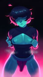 1boy blinding_bangs blue_body blue_skin boob_window bulge chest deltarune eyeless_male femboy humanoid jockstrap kris_(deltarune) male male_nipples male_only no_visible_genitalia penis_bulge playzholder solo sweating twink