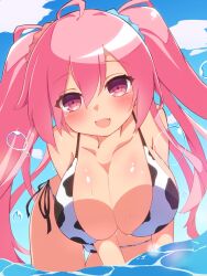 1girls beach bent_over cow_print cow_print_bikini huge_breasts ocean open_mouth partially_submerged rasis smile sound_voltex