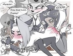 2024 4_arms 4_fingers 4_toes ankle_cuffs anthro anthro_on_anthro ass biped black_and_white_and_red black_text blush blush_lines bodily_fluids bondage breast_squish breasts butt_slap canid canid_demon canine closed_eyes clothed clothed/nude clothed_anthro clothed_female clothing contact_onomatopoeia cuff_(restraint) demon digitigrade dominant dominant_female dominatrix dominatrix duo english_text eyelashes fangs feet female female/female female_anthro fingerless_gloves fingers gloves grin hair hair_grab handwear hellhound helluva_boss impact_onomatopoeia intraspecies long_hair loona_(helluva_boss) lying mammal moan mocking motion_lines multi_arm multi_limb mythological_canine mythological_creature mythology nude nude_anthro nude_female on_front on_lap onomatopoeia open_mouth over_knee pawpads pink_tongue potatonebula profanity pupils queen_bee-lzebub_(helluva_boss) restraints signature slap slit_pupils small_breasts smile snout sound_effects spank_marks spanking speech_bubble squish stuttering submissive submissive_female sweat sweaty_face tail tail_grab talking_to_another talking_to_partner teeth text toes tongue touching_hair white_text wrist_grab