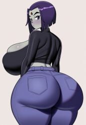 ai_generated big_ass coldarsenal_(style) dc dc_comics gigantic_ass grey_skin jeans large_ass large_breasts lubbasdump purple_hair raven_(dc) voluptuous voluptuous_female wide_hips