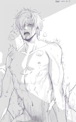 1boy abs artist_request blush closed_eyes cowgirl_position gay goatee hair hair_over_one_eye hel male male_only monochrome nipples nude one_piece panting pov riding vinsmoke_sanji yaoi