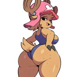 1girls 2024 2024s 2d ai_generated anthro anthro_only antlers ass blue_nose blue_swimsuit blush breasts brown_fur brown_hair cervid cold_shrike crossgender deer eyelashes female female_focus female_only genderswap_(mtf) hair hand_on_hip hat looking_back mtf_crossgender novelai one-piece_swimsuit one_piece reindeer rule_63 self_upload simple_background sweat swimsuit tail tony_tony_chopper white_background