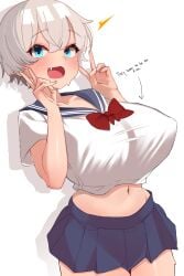 1girls blue_eyes breasts english_text female female_only large_breasts light-skinned_female light_skin looking_at_viewer midriff morby skirt solo text uzaki-chan_wa_asobitai! uzaki_hana white_background white_hair