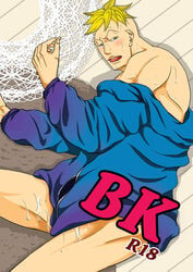 1boy blonde_hair bottomless cover cum doujin_cover male male_only marco_(one_piece) one_piece open_clothes open_shirt shirt yaoi