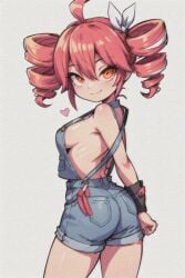 ahoge ai_generated antenna_hair ass big_ass big_breasts big_butt big_head breasts crayon_(artwork) drill_hair exposed_breasts hair kasane_teto looking_at_viewer medium_breasts neoteny no_bra_under_clothes orange_eyes overall_shorts overalls pastel pink_hair red_eyes red_hair ribs shorts sideboob simple_background small_ass small_breasts solo standing utau