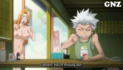 1boy 1girls 2d 2d_animation age_difference animated bleach bouncing_breasts breasts clenched_teeth closed_eyes eating edit gnz long_hair matsumoto_rangiku nude nude_filter orange_hair toshiro_hitsugaya white_hair