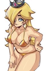 1girls 2020s 2024 bent_over big_breasts bikini blonde_hair blue_eyes breasts busty cleavage confident crown earrings female female_only hair_over_one_eye large_breasts leaning_forward legs long_hair looking_at_viewer mario_(series) moxydrawsmore navel nintendo princess_rosalina shiny_skin simple_background smile solo star_earrings super_mario_galaxy thighs white_background