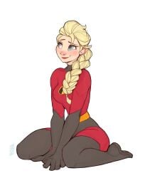 1girls blonde_hair blue_eyes braided_hair cosplay crossover crossover_cosplay elastigirl_(cosplay) elsa_(frozen) female female_only frozen_(film) human human_only light-skinned_female light_skin red_clothing superhero_costume superheroine the_incredibles tomphelippe white_background