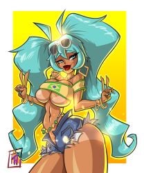 2d 2d_(artwork) bare_midriff big_breasts blue_eyes bracelet brazil brazilian brazilian_female brazilian_miku breasts bursting_breasts busty crop_top daisy_dukes denim_shorts earrings female female_focus female_only hatsune_miku hourglass_figure jean_shorts jewelry lipstick long_fingernails long_hair makeup nail_polish navel overflowing_breasts phazyn short_shorts shorts sunglasses_on_head tagme tan tan_body tan_skin tanline turquoise_hair twintails v v_sign vocaloid waist_chain wide_hips