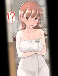 !? after_bathing blurry blurry_background breasts brown_eyes brown_hair doorway female furaggu_(frag_0416) highres kantai_collection large_breasts long_hair looking_at_viewer ooi_(kantai_collection) pov_doorway solo speech_bubble spoken_interrobang standing surprised