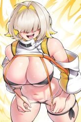 1girls blonde_hair breasts dracksart elegg_(nikke) female female_only goddess_of_victory:_nikke hair_over_eyes high_resolution large_breasts light-skinned_female light_skin solo sweat thighs very_high_resolution wide_hips