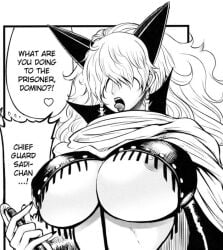 areola_slip bdsm_gear bdsm_outfit big_breasts chinbotsu crop_top cropped devil_costume devil_horns dominatrix doujinshi edit female female_only fringe_trim hair_over_eyes horns manga_page no_bra one_piece open_mouth rebis sadi-chan solo tongue_out underboob whip