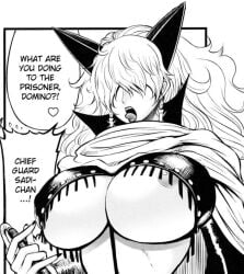 areola_slip bdsm_gear bdsm_outfit big_breasts blonde_hair chinbotsu crop_top cropped devil_costume devil_horns dominatrix doujinshi edit female female_only fringe_trim hair_over_eyes horns manga_page no_bra one_piece open_mouth rebis sadi-chan solo tongue_out underboob whip