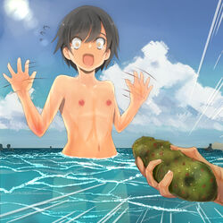 1boy 1girls female flat_chest male nipples sea_cucumber speedo swimsuit tomboy water