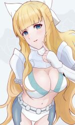 armor bare_thighs bikini_armor blonde_hair blunt_bangs bow breasts charlotte_(fire_emblem) cleavage female fire_emblem fire_emblem_fates hairbow highres inner_thighs large_breasts navel panties pauldrons shoulder_armor solo strixinkagoshim thighs underwear wavy_hair white_bow white_panties