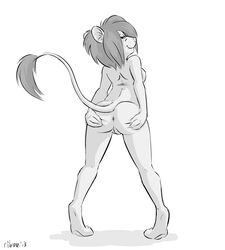 2013 anthro ass black_and_white breasts feline female fur furry hair lion lioness looking_at_viewer looking_back maya_white monochrome plain_background presenting presenting_hindquarters pussy ribnose sideboob smile solo spreading white_background