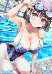 arm_support black_hair blush coming_out_of_water competition_swimsuit gradient_eyes huge_breasts indoors looking_to_the_side mole_under_eye neoteny partially_submerged school_swimsuit short_hair skindentation slim slim_waist swimming_cap swimming_goggles swimming_pool swimsuit