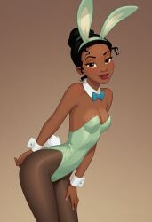 ai_generated bare_shoulders black_hair bunny_ears dark-skinned_female dark_skin detached_collar detached_cuffs disney disney_princess fake_animal_ears female female_only green_leotard hair_bun leotard pantyhose playboy_bunny princess_tiana red_lipstick sandlecrantz_(ai_generator) self_upload solo solo_female strapless_leotard the_princess_and_the_frog tiana