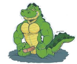 2024 anthro balls biceps crocodile crocodilian crocodylid deltoids erection genitals grin grinning_at_viewer hand_on_hip hi_res kneeling krunchycroc looking_at_viewer male male_focus male_only manly muscular navel nipples pecs penis reptile scalie simple_background smile solo toothy_grin triceps vein veiny_penis white_background