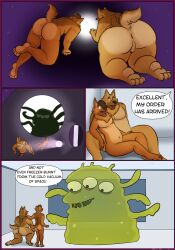 anthro anus ass backsack balls blob_(disambiguation) canid canine canis casual_nudity domestic_dog duo father_(lore) futurama genitals german_shepherd group herding_dog hi_res horrible_gelatinous_blob male male/male mammal nude parent_(lore) pastoral_dog pickles-hyena son_(lore) space tractor_beam trio