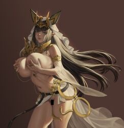 animal_ears bar_censor black_hair blunt_bangs breasts brown_background censored circlet dark-skinned_female dark_skin detached_sleeves egyptian_clothes english_commentary female gold_choker grabbing_own_breast green_eyes highres huge_breasts jackal_ears jeneral last_origin leaning_forward long_hair looking_at_viewer mixed-language_commentary mole mole_on_breast navel nipple_chain nipple_piercing nipple_rings nipples paid_reward_available parted_lips piercing pointy_ears see-through see-through_sleeves sekhmet_of_death simple_background solo thighlet veil very_long_hair white_headdress