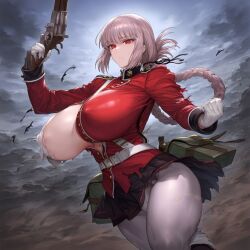 ai_generated big_breasts breasts clothing exposed_breasts fate/grand_order fate_(series) female female_focus female_only firearm florence_nightingale_(fate) gun handgun human light-skinned_female light_skin nightingale_(fate/grand_order) pale_skin pink_hair plusmolfa red_eyes revolver solo_female solo_focus thick_thighs thighs torn_clothes video_game_character weapon