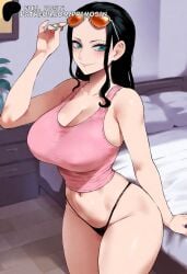 ai_generated black_hair black_thong blue_eyes crop_top eyewear eyewear_on_head forehead large_breasts long_hair looking_at_viewer navel nico_robin one_piece pink_tank_top primosan side_bangs smile standing tank_top thong