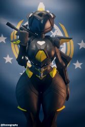 3d blender curvy_female doonography fortnite fortnite:_battle_royale front_view gun_in_back helldivers_2 massive_thighs mecha_cuddle_master salute text thick_thighs thunder_thighs watermark