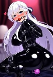 1girls ai_generated azur_lane belfast_(azur_lane) blue_eyes blush gimp_suit hair latex latex_armwear latex_ass latex_bodysuit latex_boots latex_breasts latex_clothing latex_gloves latex_legwear latex_nipples latex_skin latex_skinsuit latex_stockings latex_suit latex_thighhighs latex_vagina long_hair restrained saliva white_hair