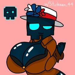 black_bra blue_eyes blue_skin brown_shirt cube_11_(geometry_dash) czech_republic eyelashes geometry_dash hat pink_background rule_63 stickdash44 stickman44