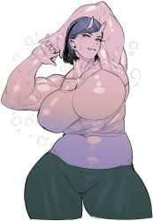 athletic_female big_breasts elf-san_wa_yaserarenai huge_breasts muscular_female oga plus-shaped_pupils synecdoche