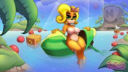 1girls big_breasts casual coco_bandicoot crash_(series) crash_bandicoot:_warped female green_eyes jetski jwecchi_(artist) looking_at_viewer naked naked_female nude nude_female nudist ocean orange_fur pussy sitting water