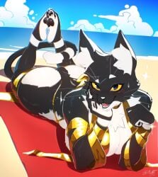 2020s 2024 2d 2d_(artwork) 5_fingers animal_ears ass ass bacardi_(muart242) beach beach_towel big_ass big_breasts big_butt big_thighs blue_eyes blush blush breasts cat_ears cat_girl cat_tail claws cleavage ear_tuft fur furry furry_female furry_only gold_(metal) gold_jewelry hi_res highres huge_ass large_ass large_butt large_thighs muart242 original original_character outdoors sand sideboob smile smiling smiling_at_viewer tail thick_thighs thighs tuft yellow_sclera