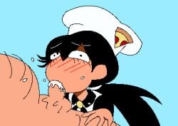 black_eyes black_hair blowjob blowjob_face blush cum cum_in_mouth cum_overflow cum_overflowing fan_character fellatio female_focus hands_on_breasts junopea oral_sex peppina_and_the_magical_tower_of_pizza peppina_ramen_(ketartdragon) pixel_(artwork) pixel_art pixelated pizza_tower solo_focus swallowing_cum twintails