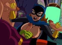 1girls 3boys balls barbara_gordon batgirl batgirl_(the_brave_and_the_bold) batman:_the_brave_and_the_bold batman_(series) boobjob breasts breasts_out cape clothed clothed_sex dc_comics double_handjob drury_walker erect_penis exposed_breasts green_eyes handjob heroine killer_moth large_penis mask masturbation nipples open_mouth partial_male red_hair ripped_bodysuit ripped_clothing xeroshadows