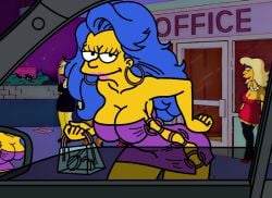 1woman blue_hair breasts car female hair_blue marge_simpson milf prostitute prostitution smile smiling the_simpsons yellow_body yellow_skin