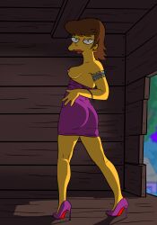 1girls breasts brown_hair dress ear_ring female female_only freckles_on_face high_heels lipstick lockandlewd purple_dress shauna_chalmers solo tattoo teenage_girl teenager the_simpsons voluptuous voluptuous_female yellow_skin