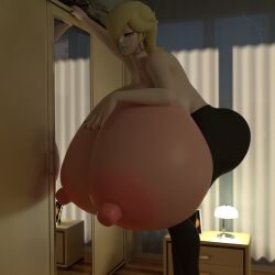 3d 3d_(artwork) bedroom big_nipples black_leggings black_nails blender blonde_hair blue_eyes breast_expansion earrings giantess giantess_growth huge_breasts light_blue_lipstick mario_(series) mirror nintendo princess_rosalina squidly standing super_mario_galaxy thick_thighs