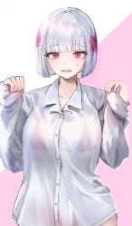 1girl big_breasts blush cute cute_expression cute_face female jujutsu_kaisen multicolored_hair nervous oversized_clothes oversized_shirt pink_eyes shirt_only uraume white_hair